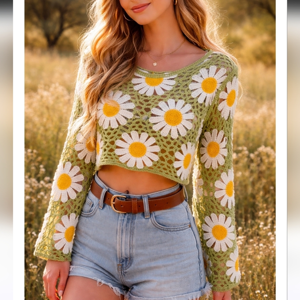 Rebellion Again Daisy Crochet Top Small Green Floral Cutout Knit Sweater Boho